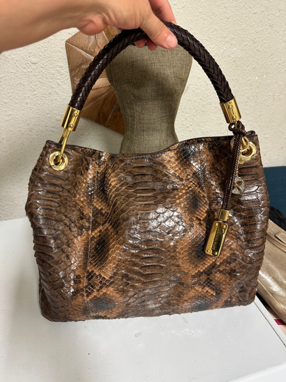 Michael Kors Brown Python-Effect Shoulder Bag with Gold Hardware